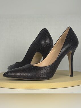 HUGO BOSS Dark Brown Croc-Embossed Leather Pumps - Pointed Toe Heels - Size 39.5